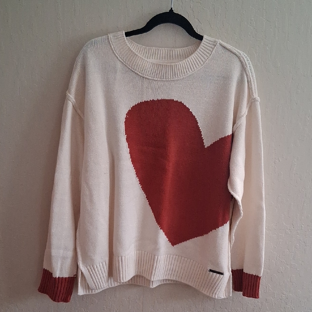 Peace Love World Ivory Sweater with Bold Red Heart